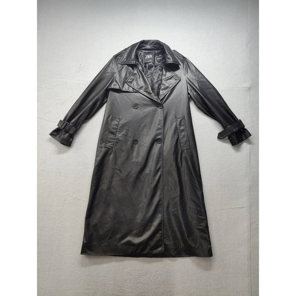 Zara Womens Faux Leather Double Breasted Trench Coat Black XS Longline Belted